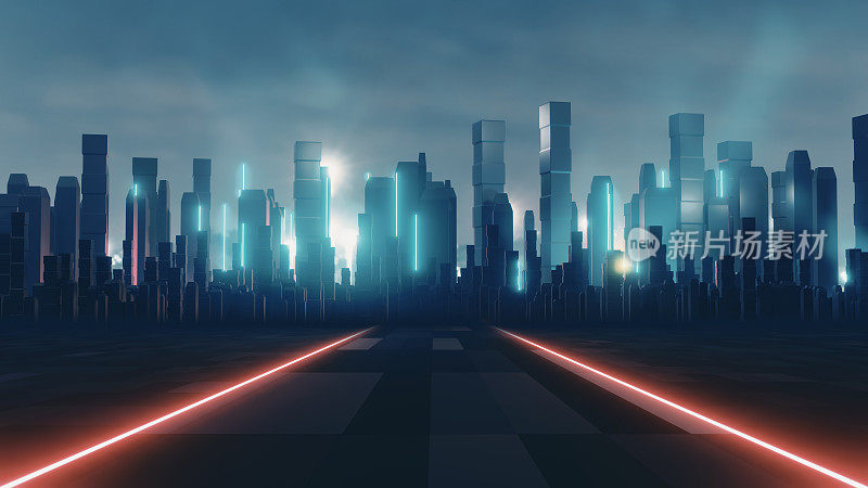 霓虹黑暗的城市与红色的灯光技术背景。赛博朋克风格。3 d图呈现。